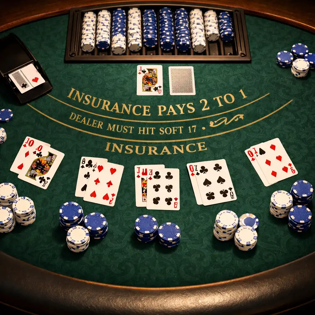 Blackjack table with cards, shoe, and ceramic-style chips