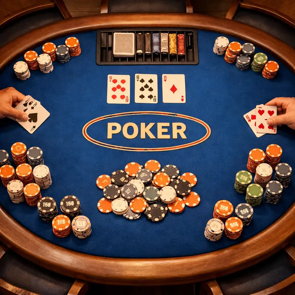 Overhead view of a professional poker table with cobalt blue felt and ceramic chip inlays