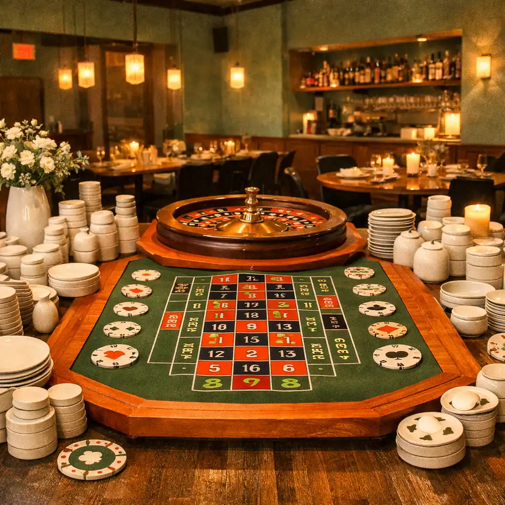 Wide view of the Fresh Plate House dining room transformed with a roulette table and ceramic decor
