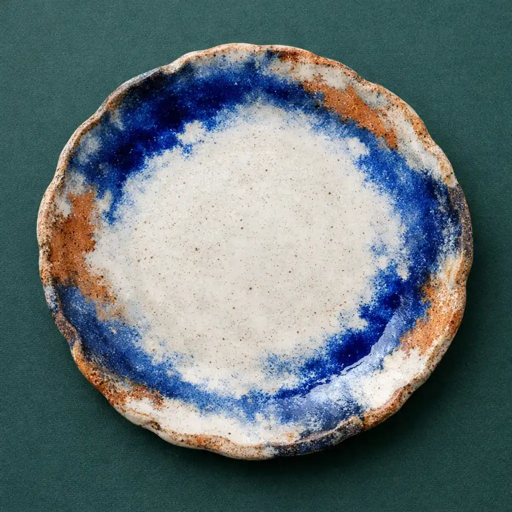 Handmade ceramic plate with organic edges in chalk white, cobalt blue, and clay orange on a dark green background