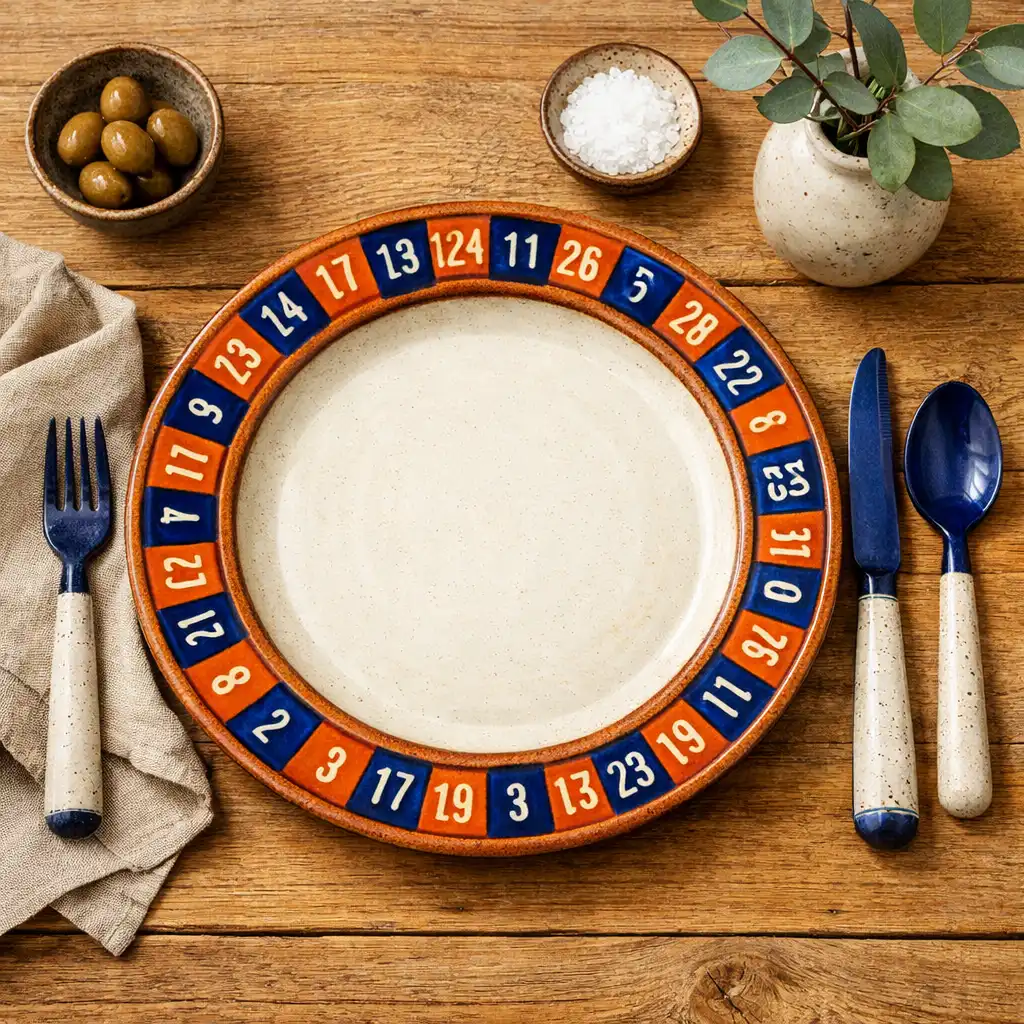 Top-down view of a ceramic table setting with a roulette-inspired rim pattern, ceramic cutlery, and a linen napkin