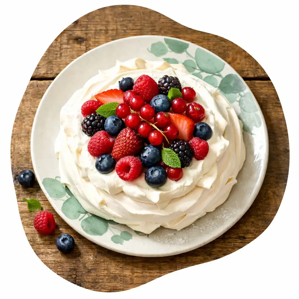 Pavlova with crisp meringue, whipped cream, and seasonal berries on a chalk white plate with eucalyptus green accents