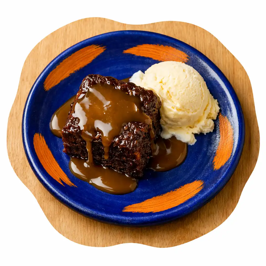 Sticky date pudding with butterscotch sauce and vanilla ice cream on a cobalt blue plate with clay orange brush strokes