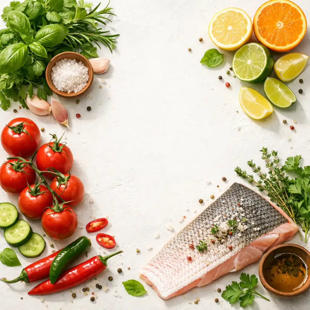 Top-down arrangement of fresh Australian herbs, tomatoes, citrus, and fish on a chalk white surface