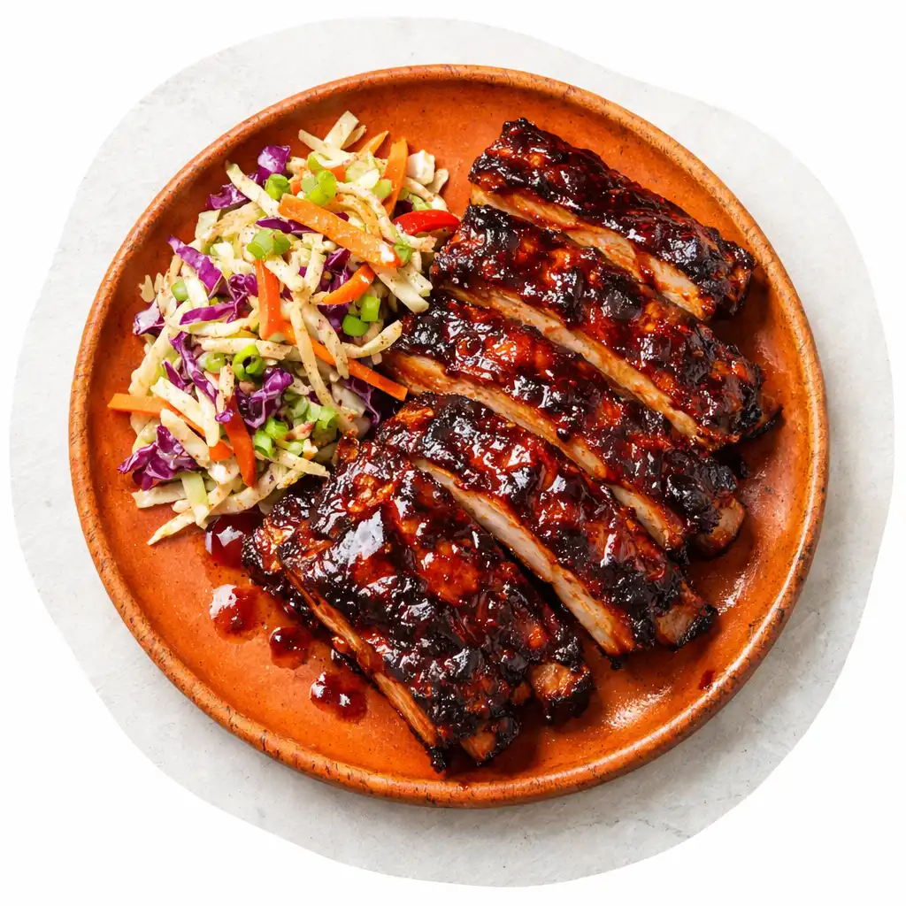 BBQ pork ribs with smoky barbecue glaze and slaw on a clay orange plate