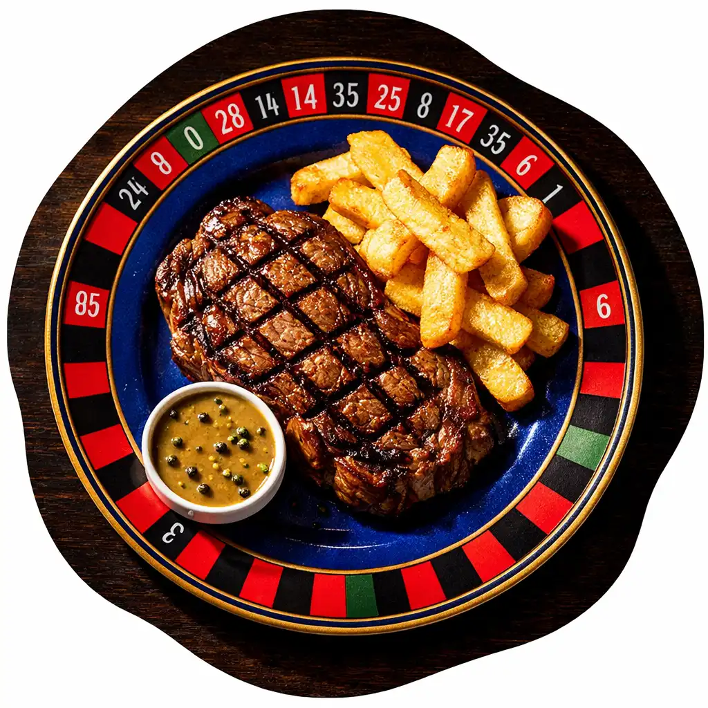 Char-grilled scotch fillet with hand-cut chips and green peppercorn sauce on a cobalt blue plate with roulette-inspired rim
