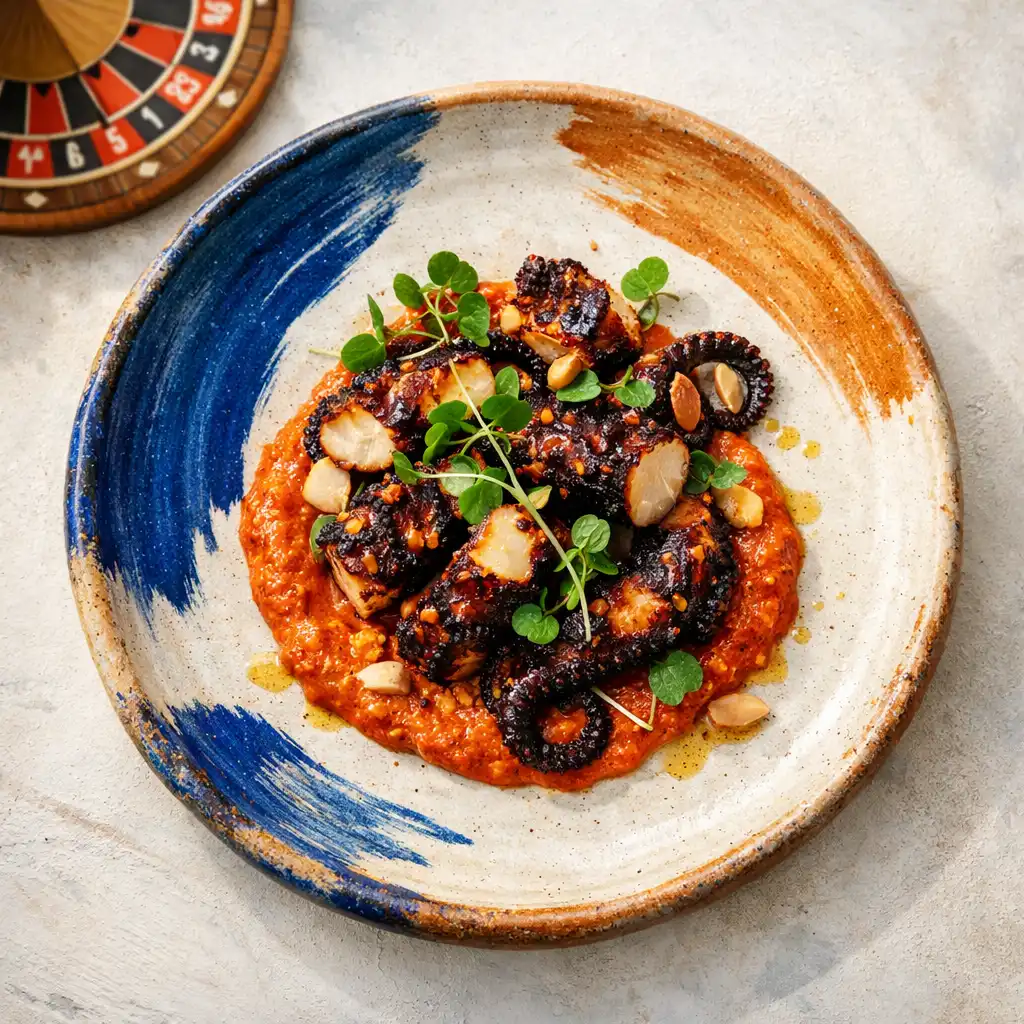 Top-down view of a charred octopus dish on a handmade ceramic plate with cobalt blue and clay orange brush strokes
