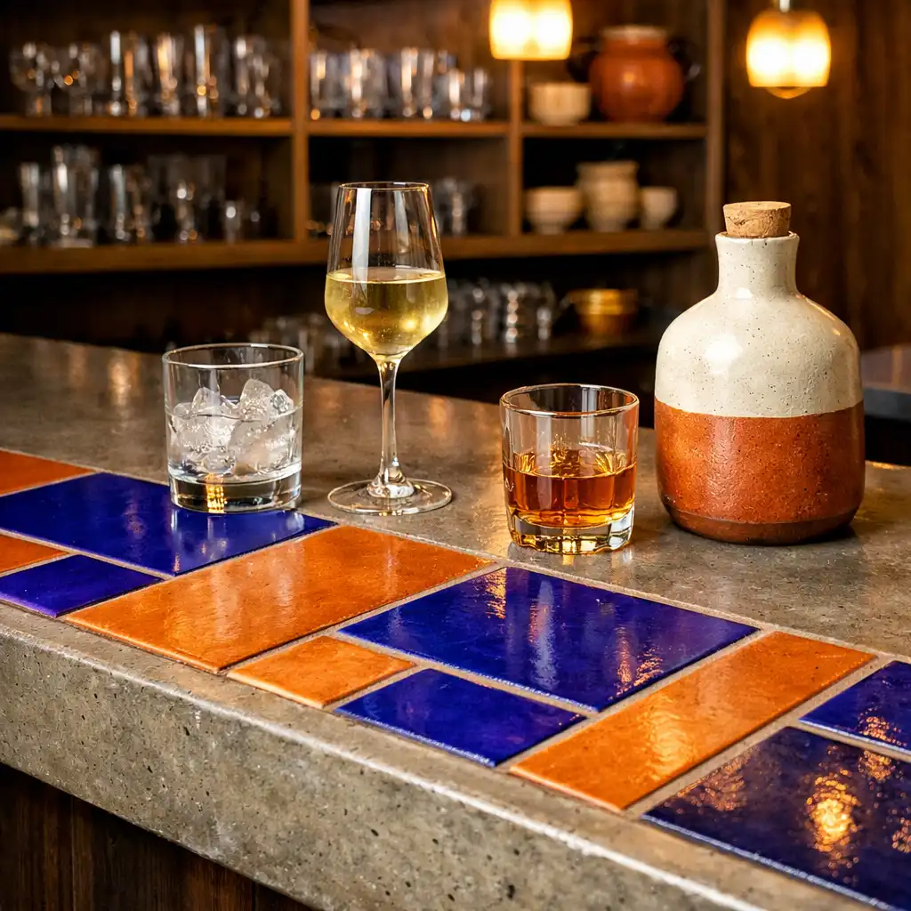 Bar counter made from polished concrete with inlaid cobalt blue and clay orange ceramic tiles