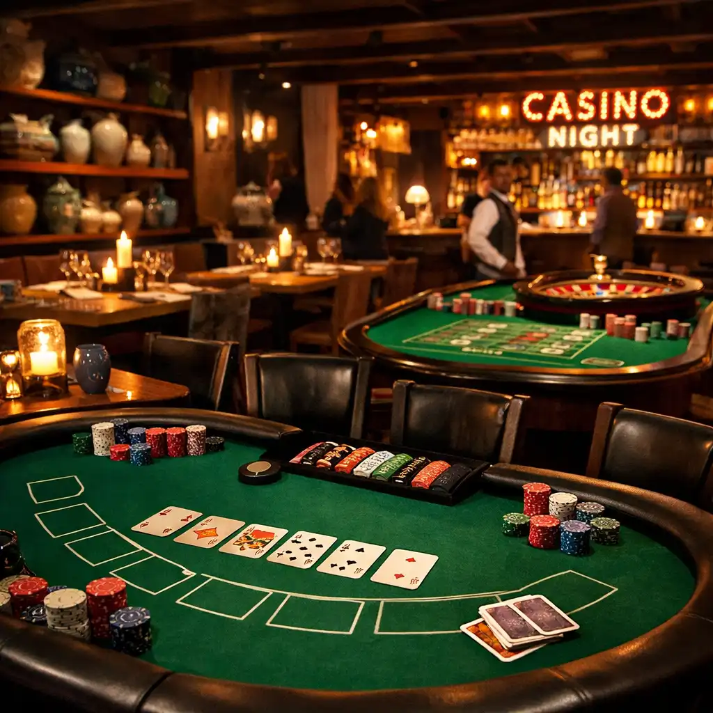 Dining room transformed for a casino night with a poker table, roulette table, and atmospheric candlelight