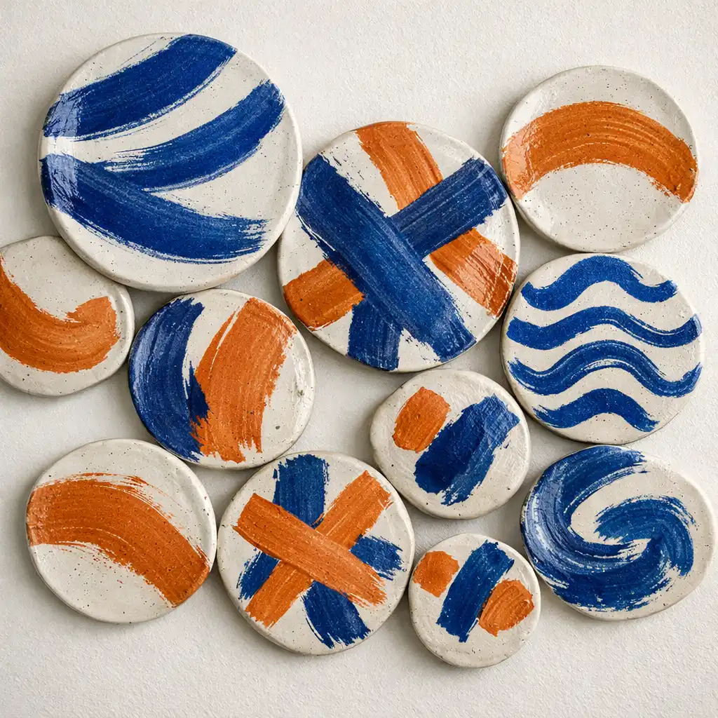 Handmade ceramic wall art with brush stroke patterns in cobalt blue and clay orange