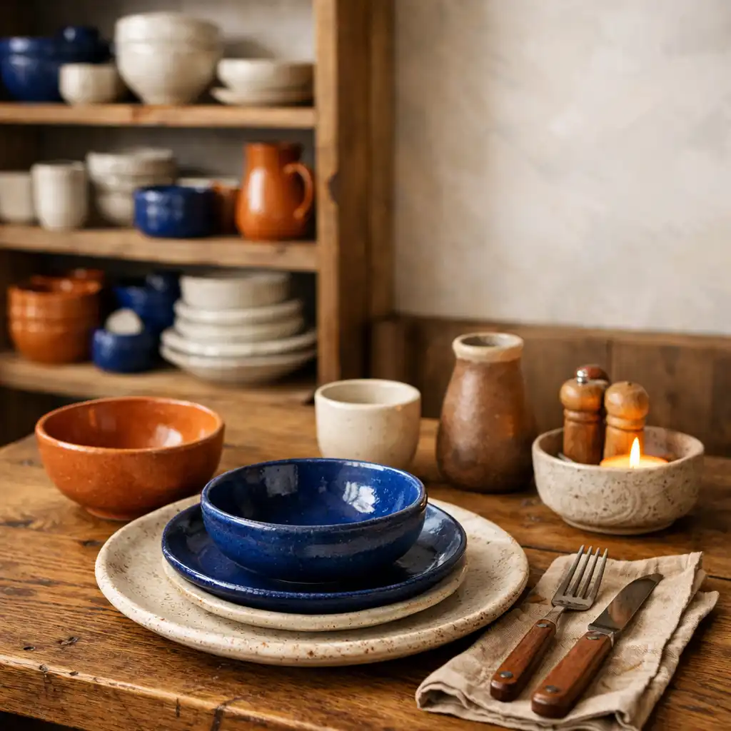Dining area with a natural timber table set with handmade ceramic plates and open shelving filled with ceramic dishware