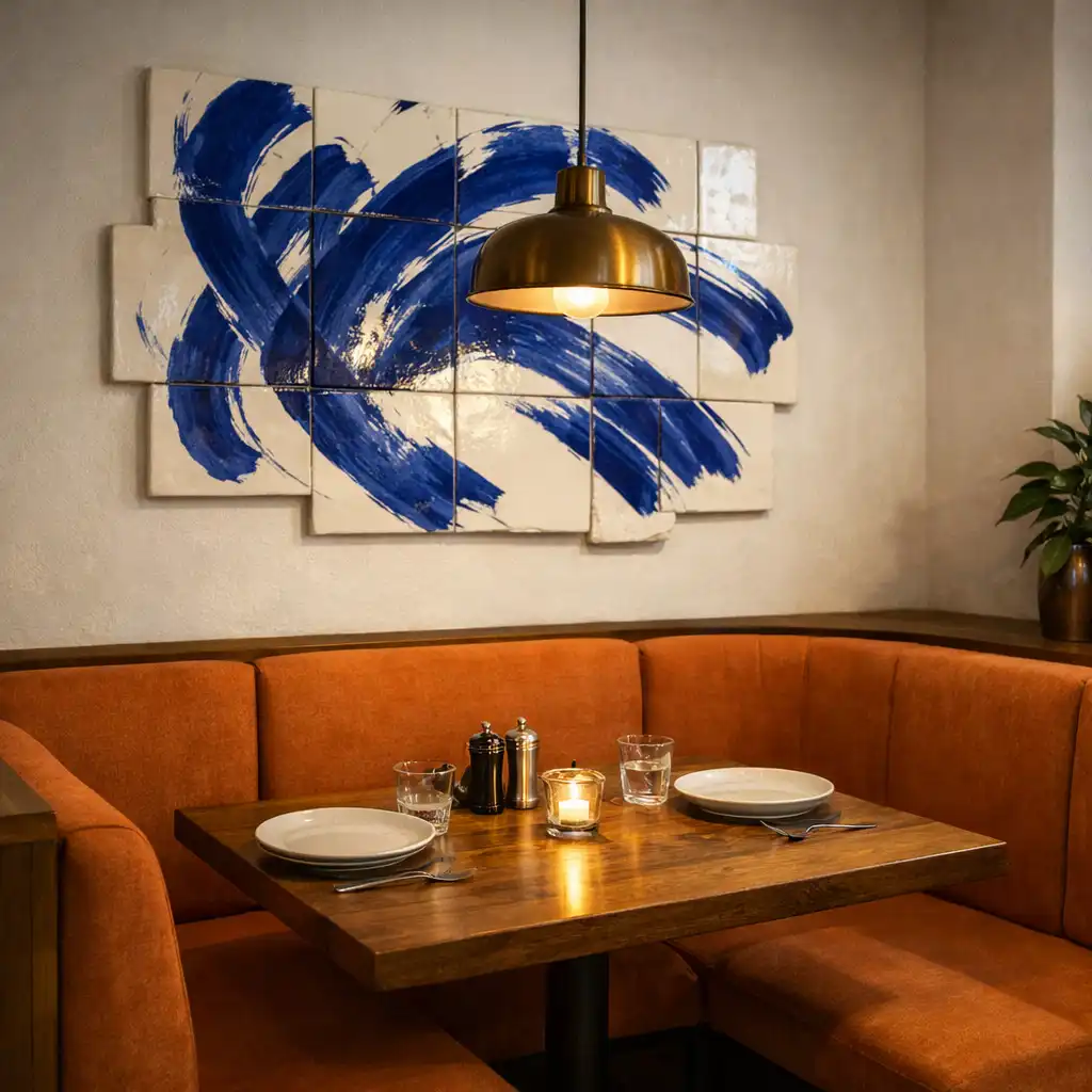 Booth seating with clay orange cushions and a ceramic art piece on the wall
