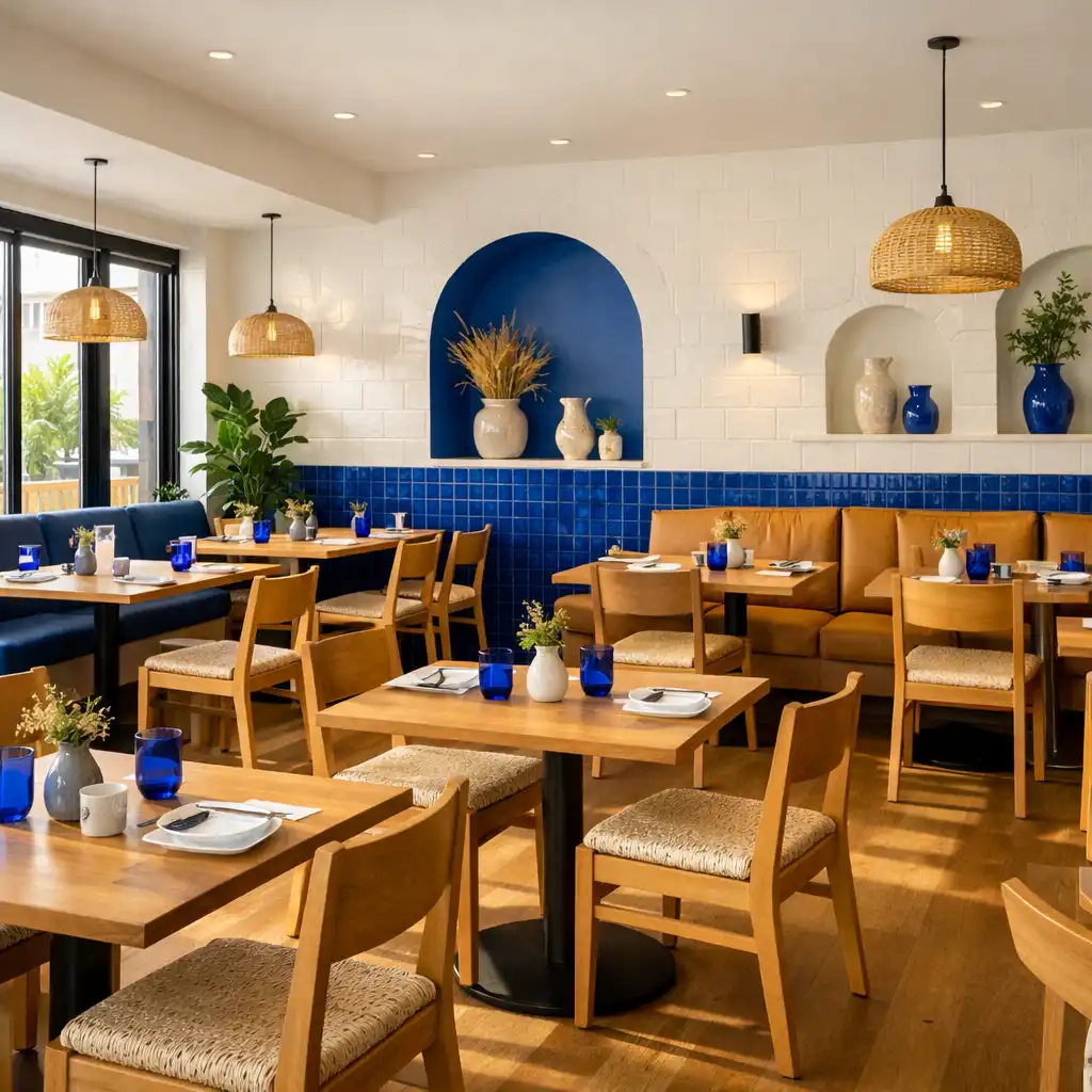 Wide-angle view of the Fresh Plate House dining room with natural timber tables, chalk white walls, and warm natural light