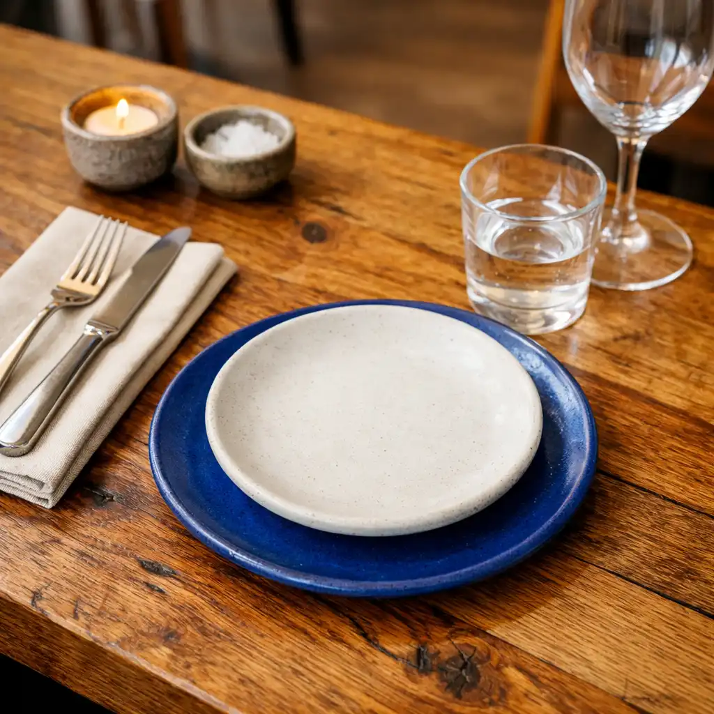 Close-up of a dining table set with handmade ceramic plates in chalk white and cobalt blue