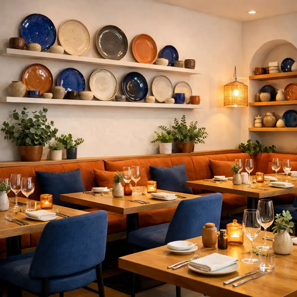 Dining room with chalk white walls, timber tables, and handmade ceramic plates