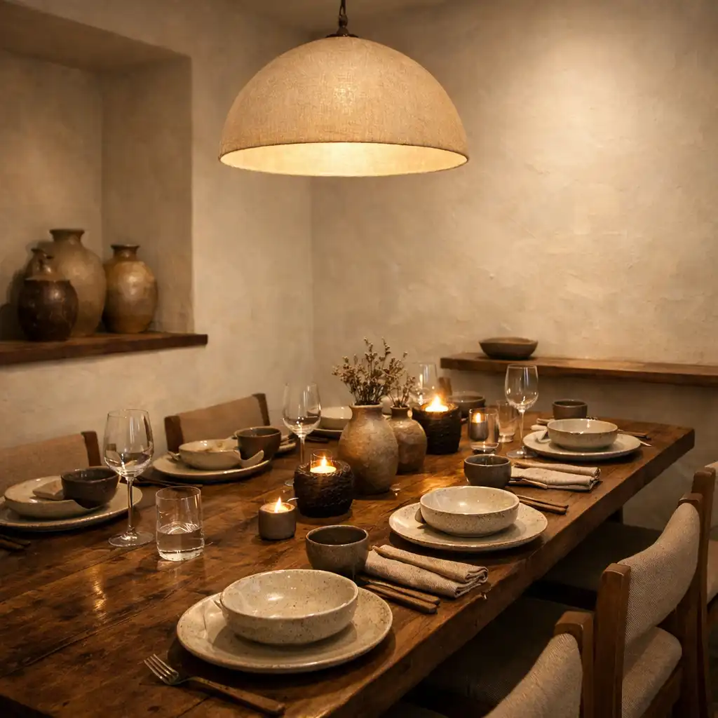 Private dining room with a large timber table set for dinner, ceramic tableware, and a pendant light above