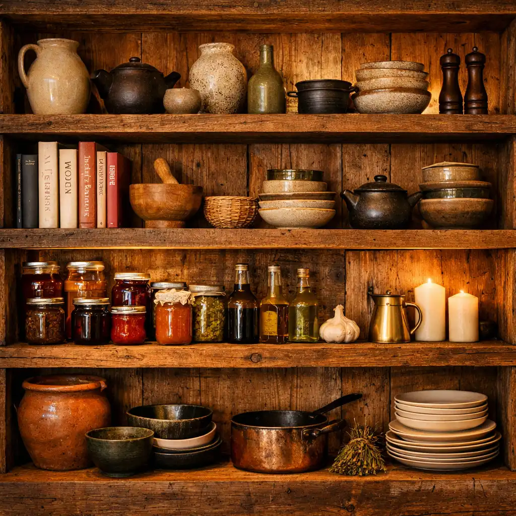 Open shelving made from reclaimed timber displaying ceramics, cookbooks, and jars of preserves