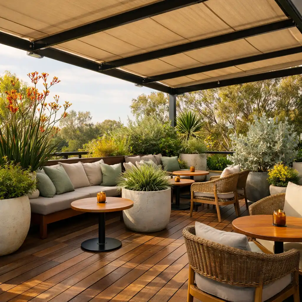 Outdoor terrace with timber decking, ceramic planters, native plants, and comfortable seating under a retractable awning