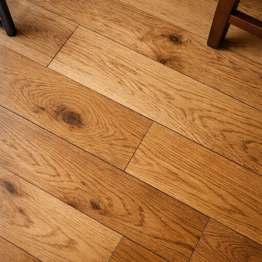 Close-up of natural oak flooring with visible wood grain and a matte finish