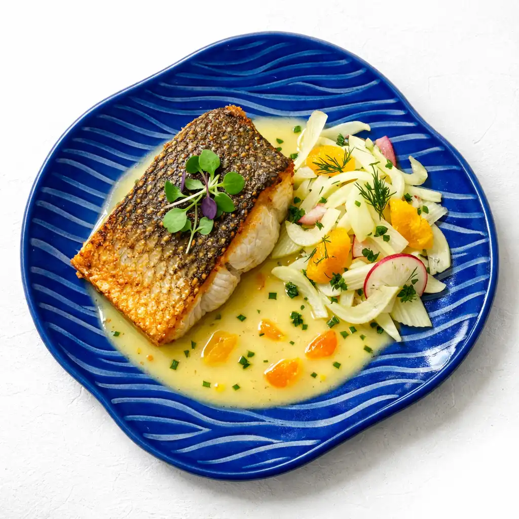 Pan-seared barramundi with fennel salad and citrus beurre blanc on a cobalt blue plate with wavy line pattern