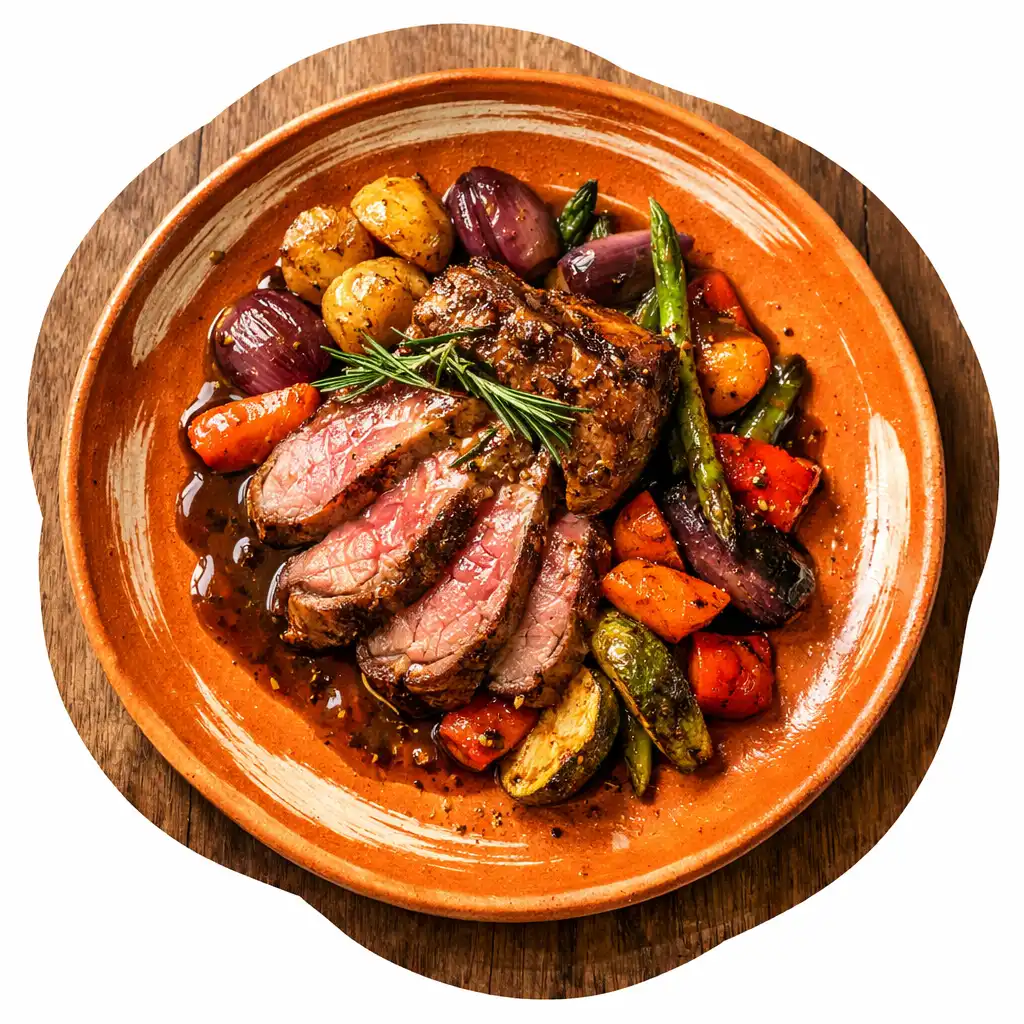 Grilled lamb rump with roasted vegetables and rosemary jus on a clay orange plate with brush stroke rim
