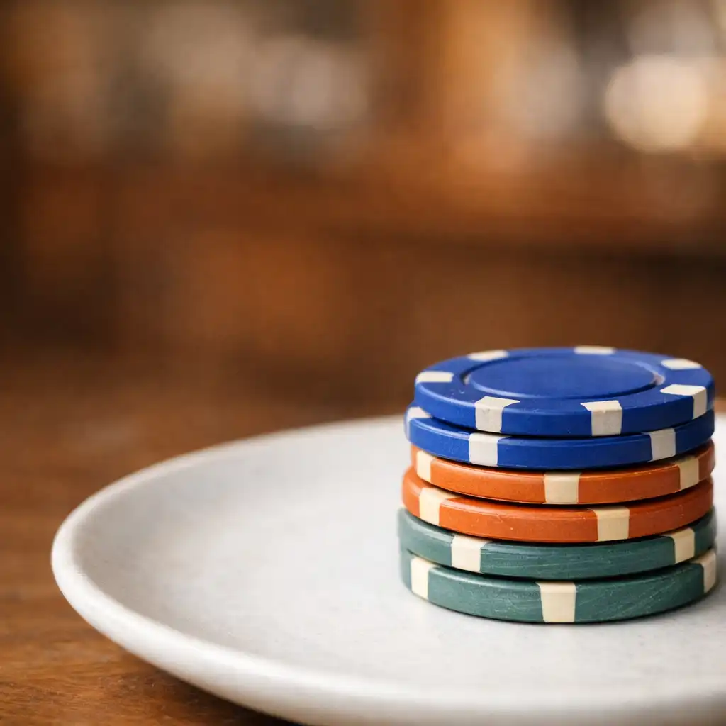 Close-up of ceramic poker chips in cobalt blue, clay orange, and eucalyptus green