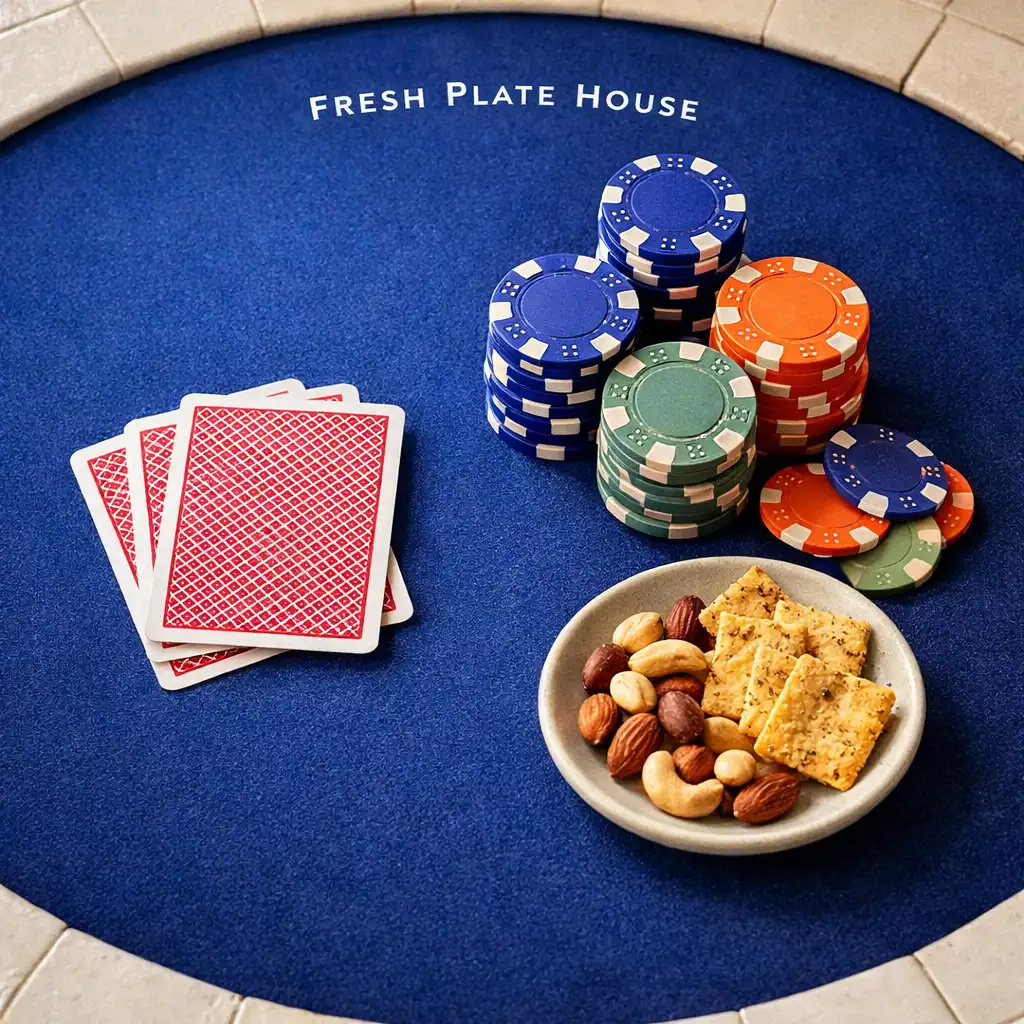 Top-down view of a poker table with cards, ceramic chips, and a small plate