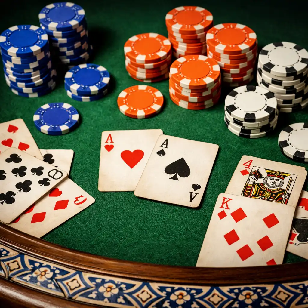Poker table with cards and clay chips in cobalt blue, clay orange, and chalk white