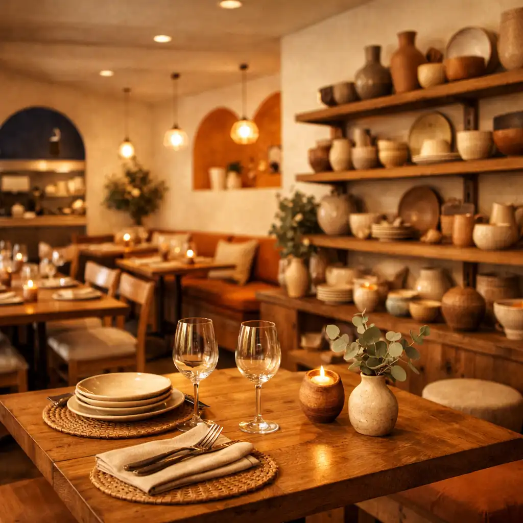 Warm interior of Fresh Plate House with natural timber tables, open shelving of handmade ceramic plates, and soft evening lighting