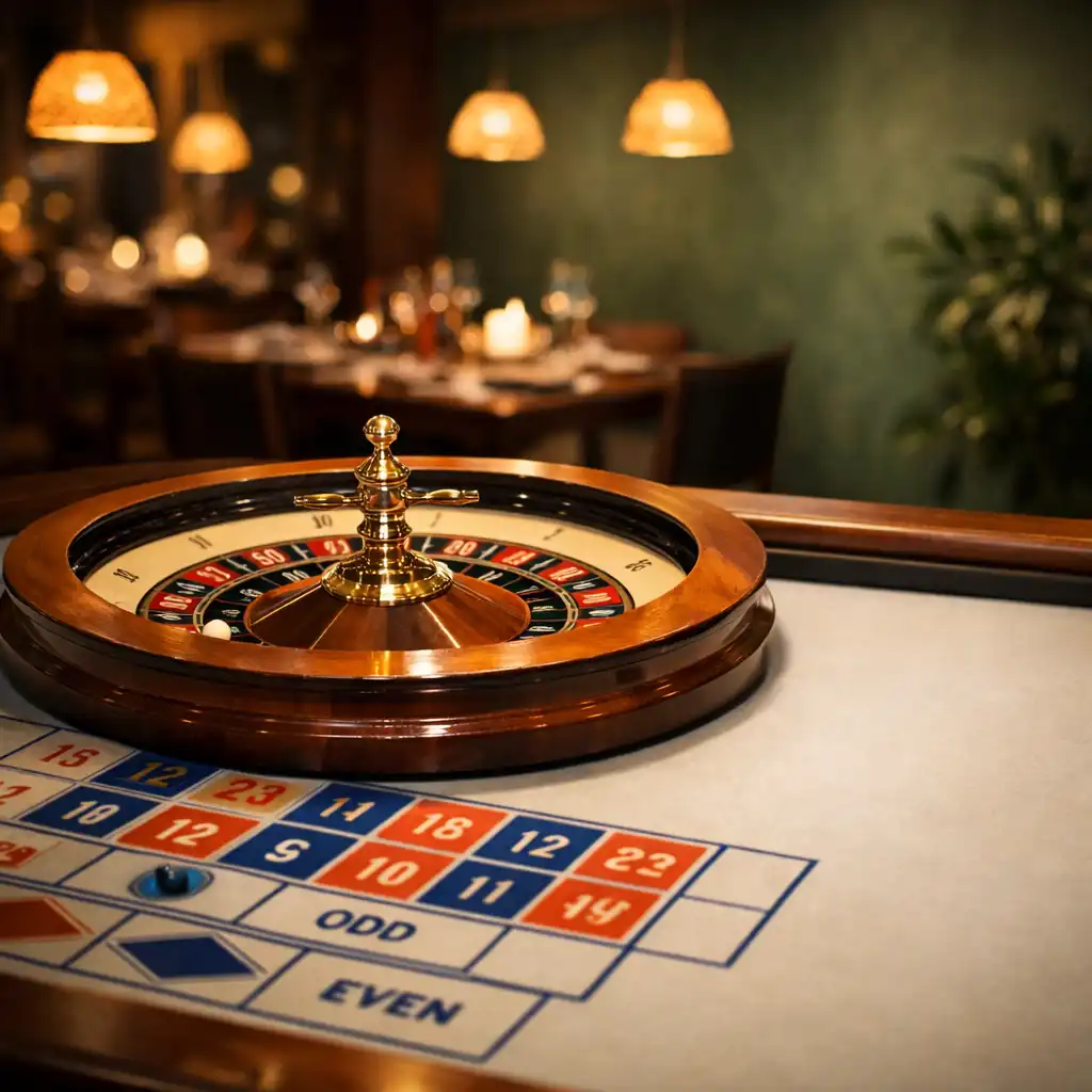 A luxurious roulette table in a dimly lit restaurant, with a polished timber rim and chalk white felt