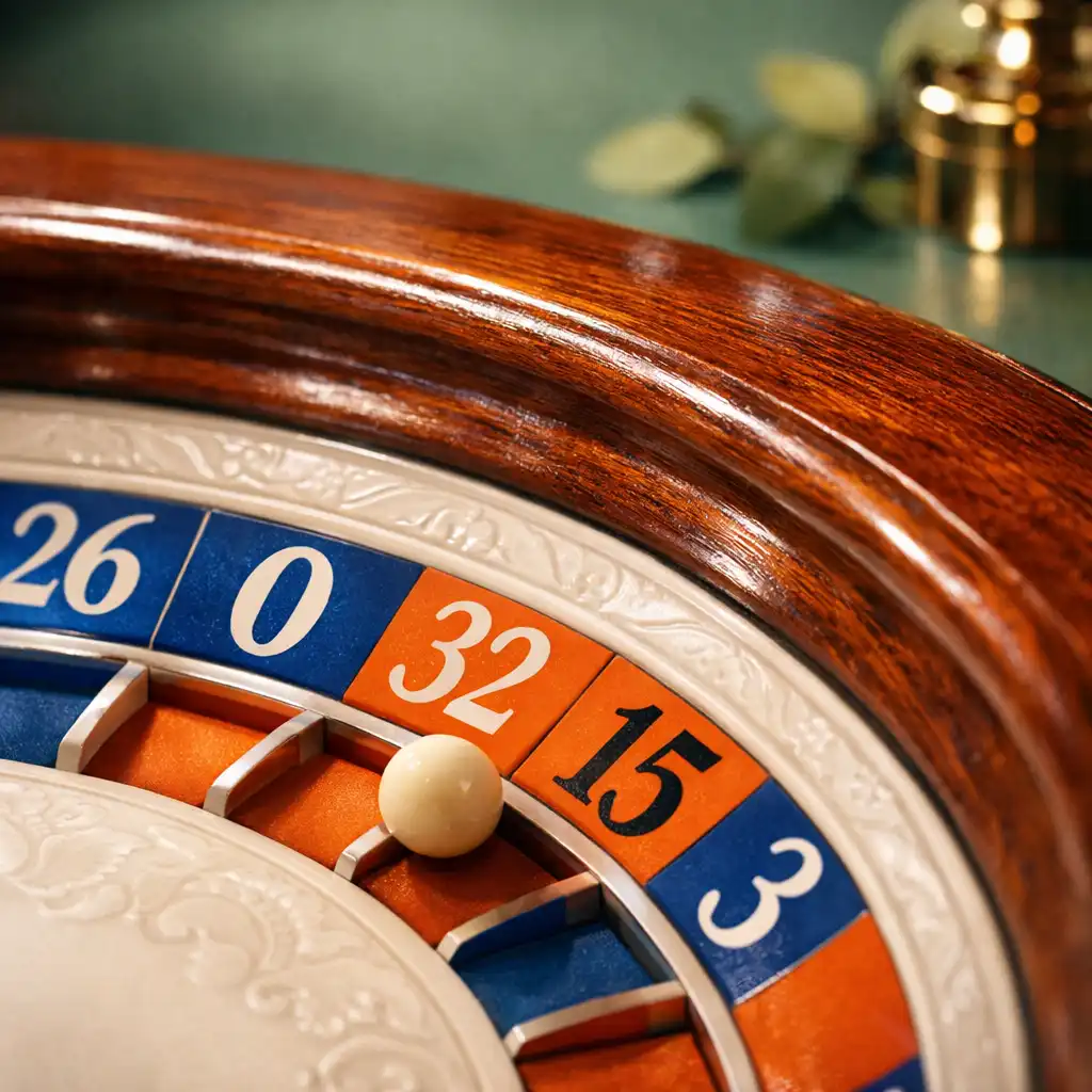 Close-up of a roulette wheel with hand-painted numbers in cobalt blue and clay orange