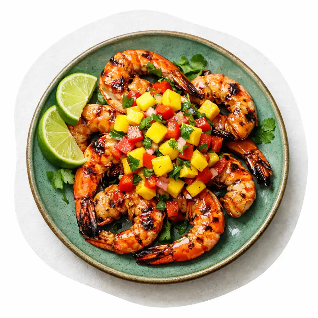 Grilled prawns with mango salsa and lime on a eucalyptus green ceramic plate