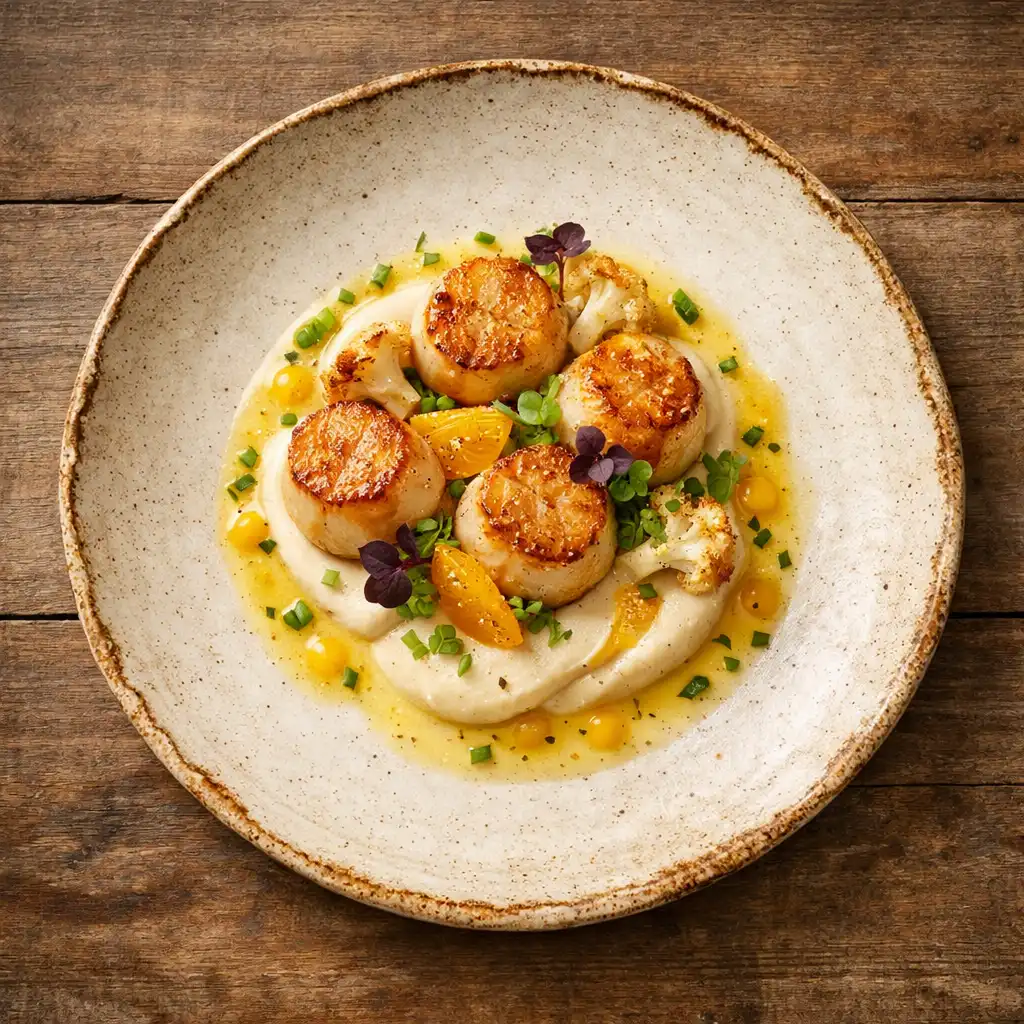 Top-down view of seared scallops with citrus beurre blanc on a handmade ceramic plate