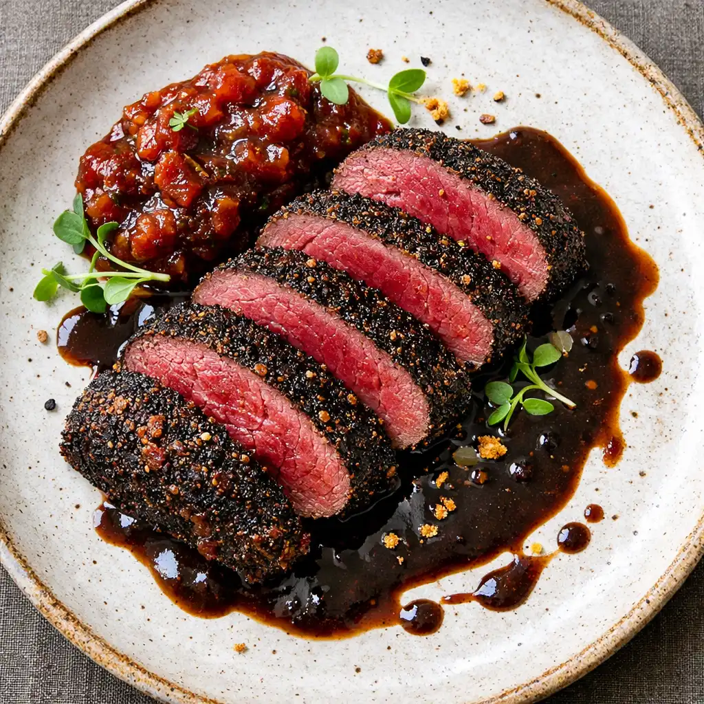 Native pepper-crusted kangaroo loin with bush tomato chutney and wattleseed jus