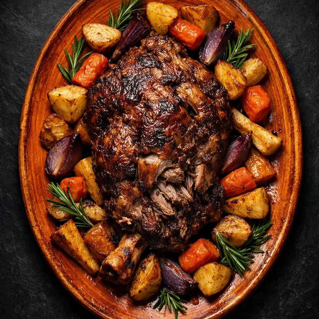 Slow-cooked lamb shoulder with roasted root vegetables