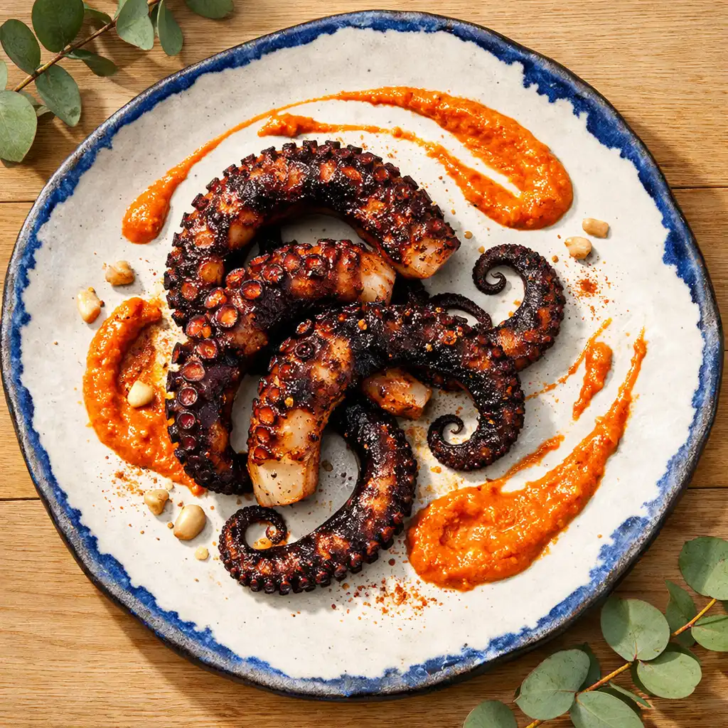 Charred octopus with romesco sauce on a ceramic plate