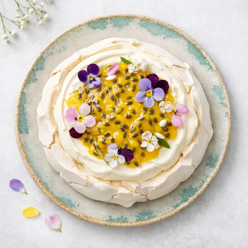 Pavlova with passionfruit and vanilla cream