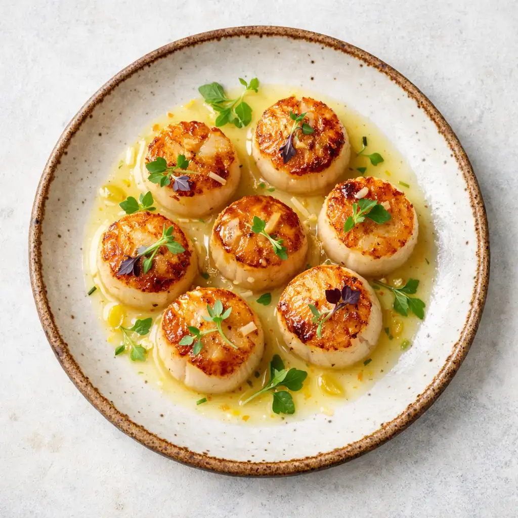 Seared scallops with citrus beurre blanc, cauliflower purée, and micro herbs