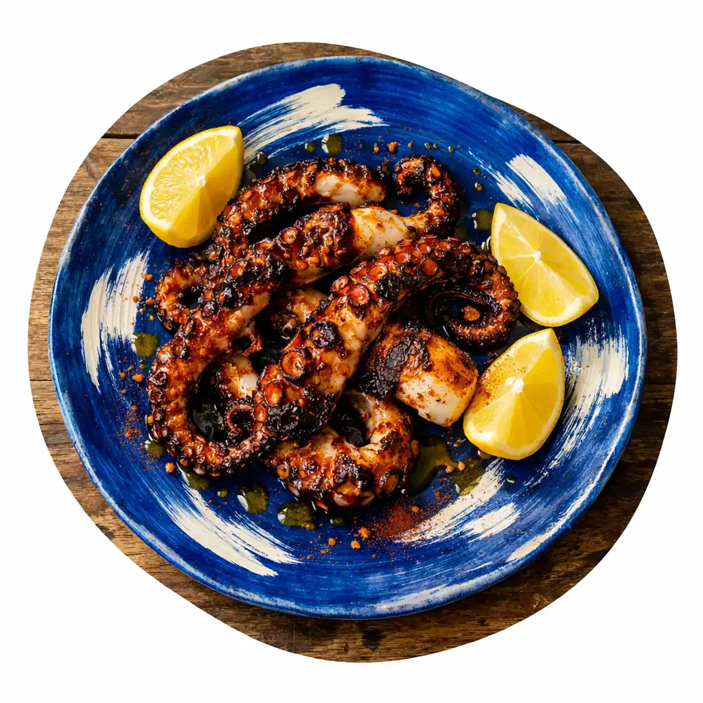 Charred octopus with smoked paprika, lemon, and olive oil on a cobalt blue ceramic plate
