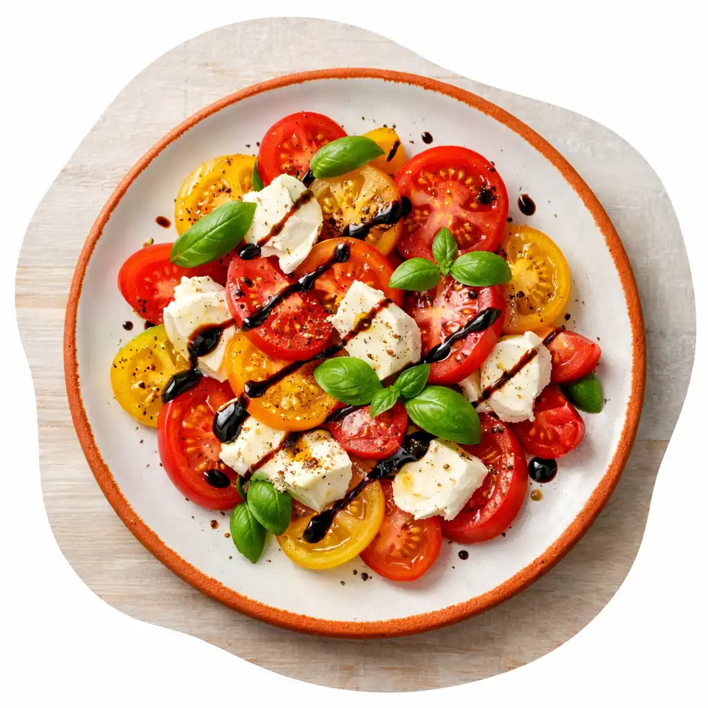 Heirloom tomato salad with buffalo mozzarella, basil, and balsamic glaze on a chalk white plate with clay orange rim